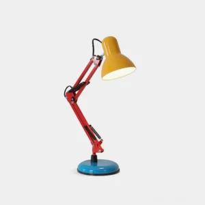 Memphis table lamp with yellow shade, red articulated arm, and cobalt blue round base on white studio background - modern postmodern desk lighting