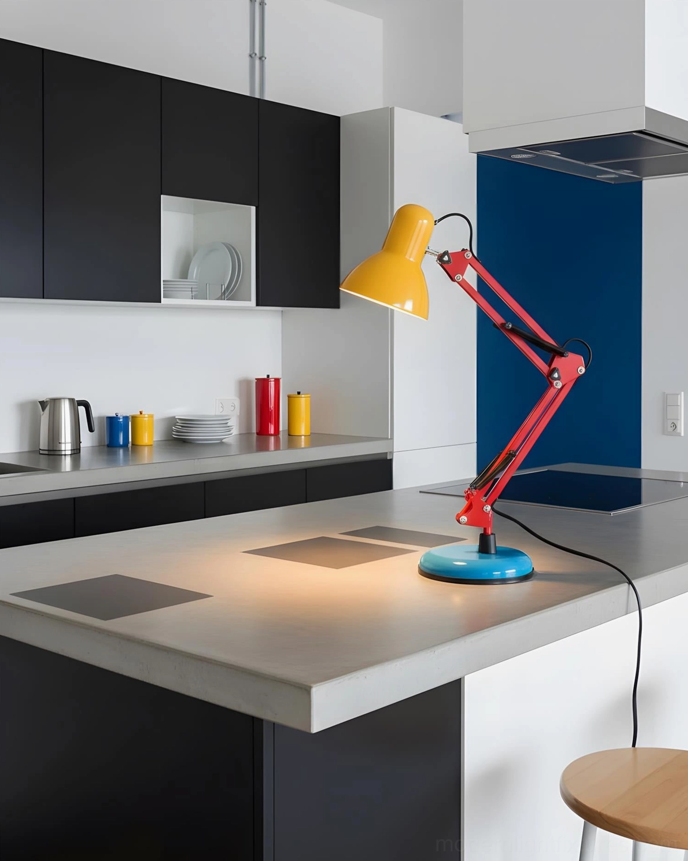 Memphis table lamp shade detail - sunflower yellow fabric shade with red metal stem and articulated support arm - postmodern designer fixture
