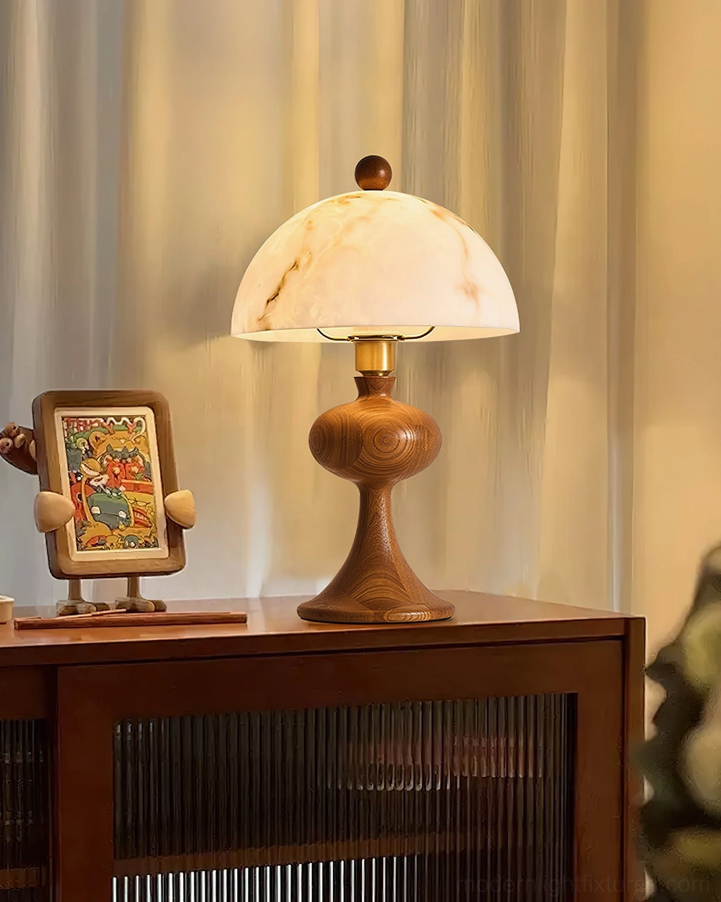 Mensy wood table lamp styled on bedroom side table with warm ambient lighting in home interior setting