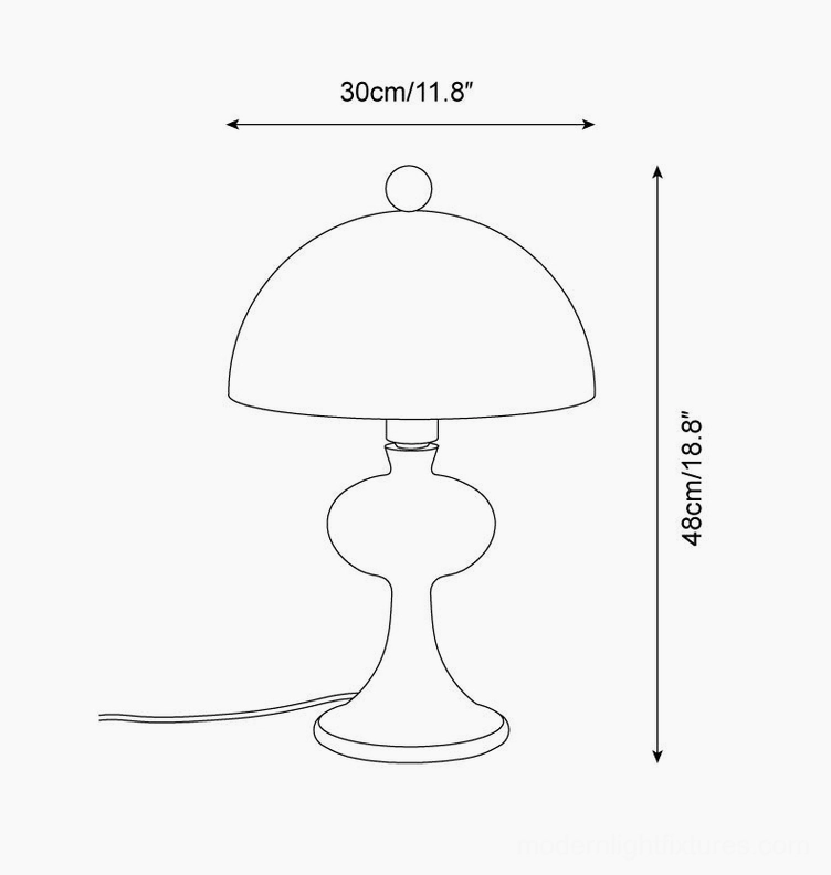 Technical specification drawing of Mensy table lamp showing dimensions: diameter 30cm/11.8 inches, height 48cm/18.8 inches