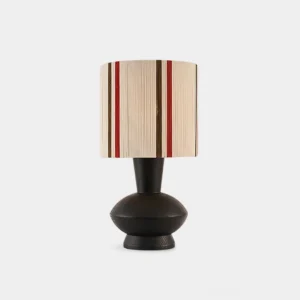 Meridian Band striped table lamp with walnut wooden base and vertical striped fabric shade, front studio view