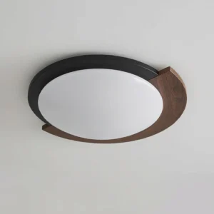 Black and Walnut Color Meridian Ceiling Light - three-quarter side angle showing asymmetric wood trim and circular acrylic diffuser