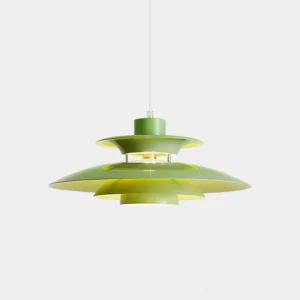 Meridian saucer pendant light front view - layered metal disc design in forest green with mid-century modern aesthetic