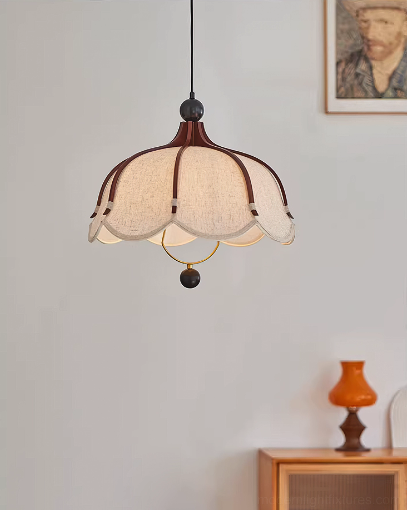 Meringa scalloped pendant light vintage home decor with rattan cabinet and warm interior styling