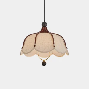 Meringa scalloped fabric pendant light with walnut wood frame and beige linen shade, front studio view