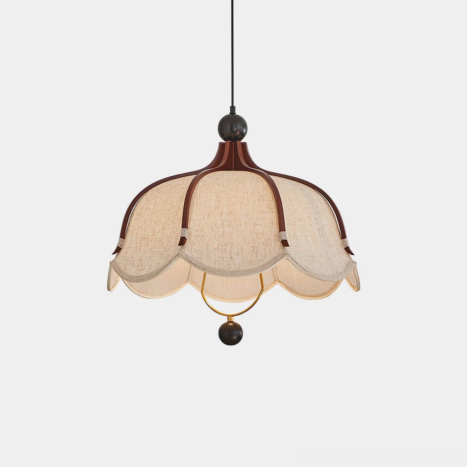 Meringa scalloped fabric pendant light with walnut wood frame and beige linen shade, front studio view