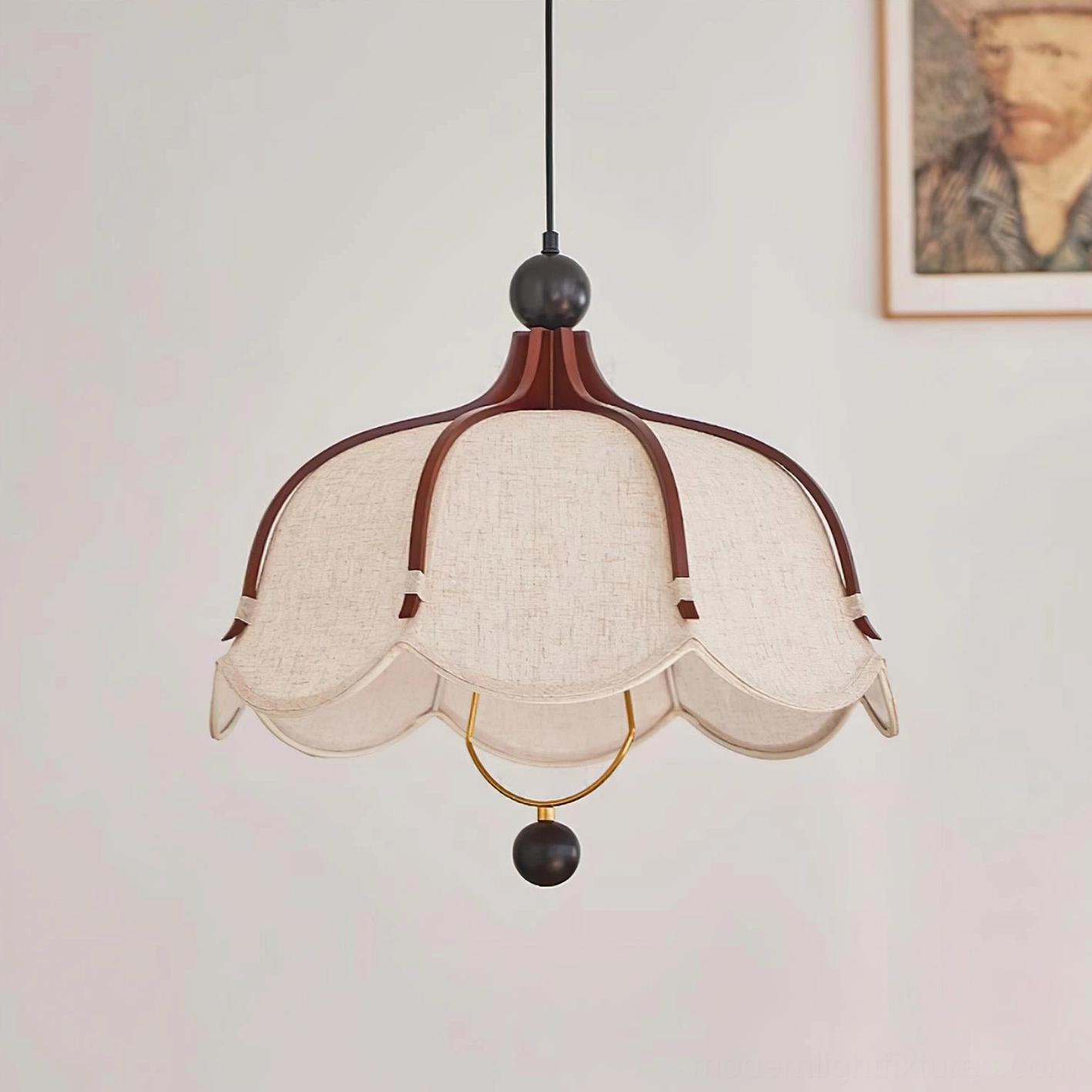 Meringa pendant light walnut and beige variant close-up showing fabric texture and wood construction