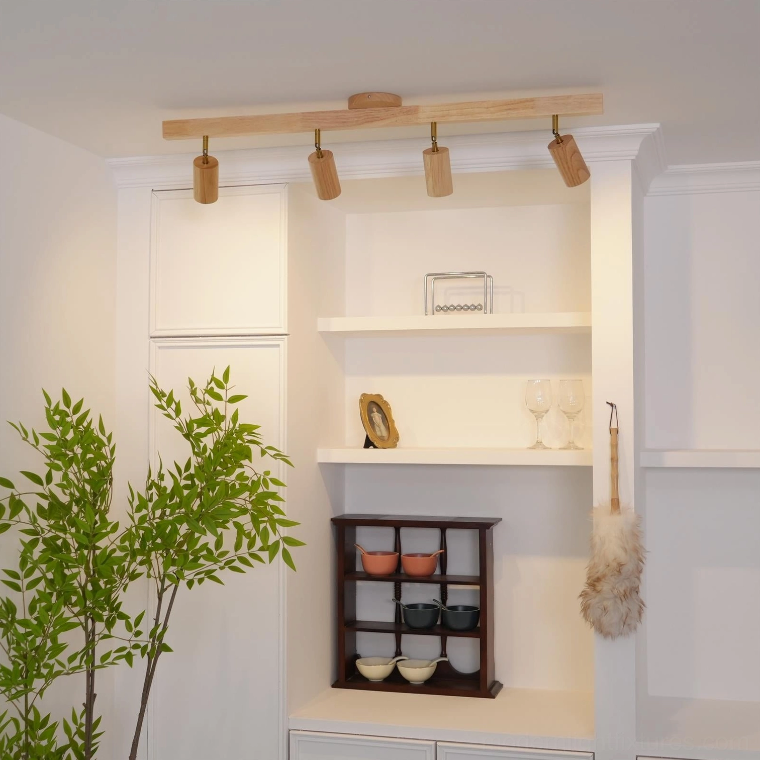 Wooden track lighting in bedroom above headboard for accent wall lighting