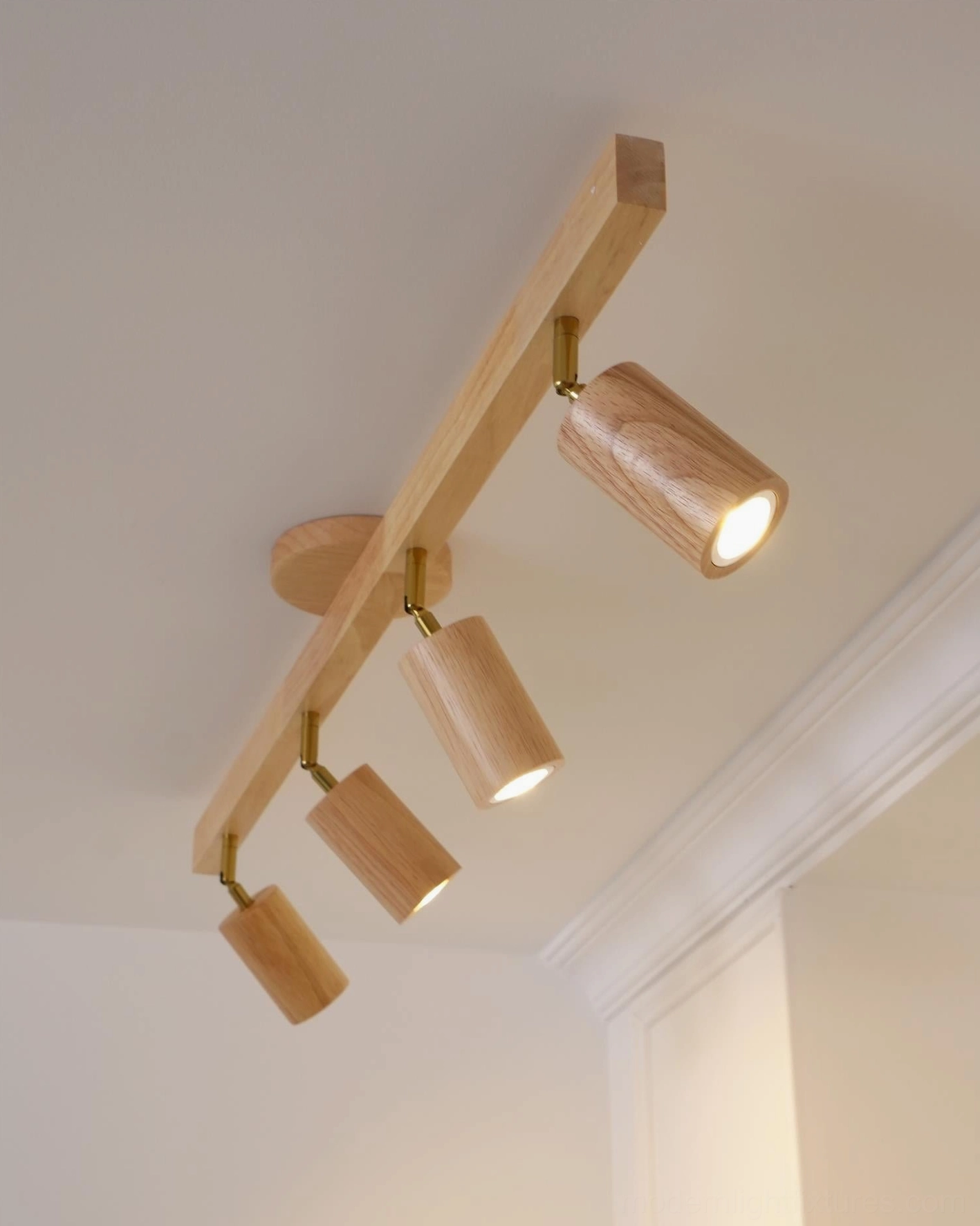 Wooden track light fixture close-up of canopy and ceiling mounting
