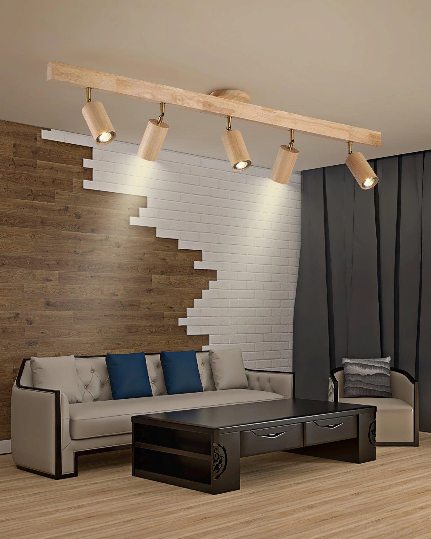 Wooden track light fixture showing canopy and mounting hardware detail