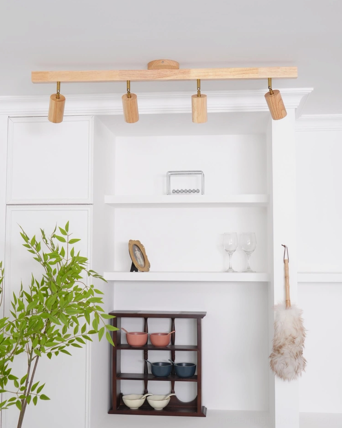 Merlo wooden track ceiling light showing natural wood grain and metal accents