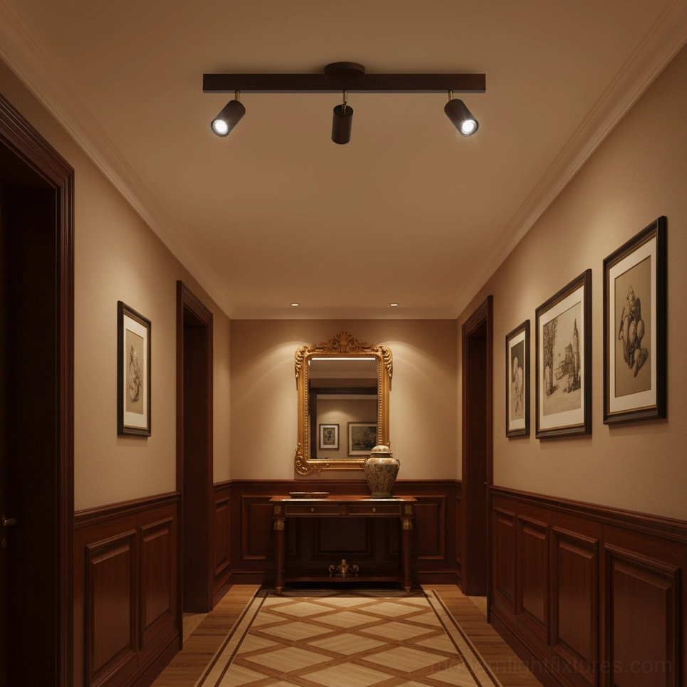 Wooden track lighting in entryway with natural wood trim, mid-century modern aesthetic