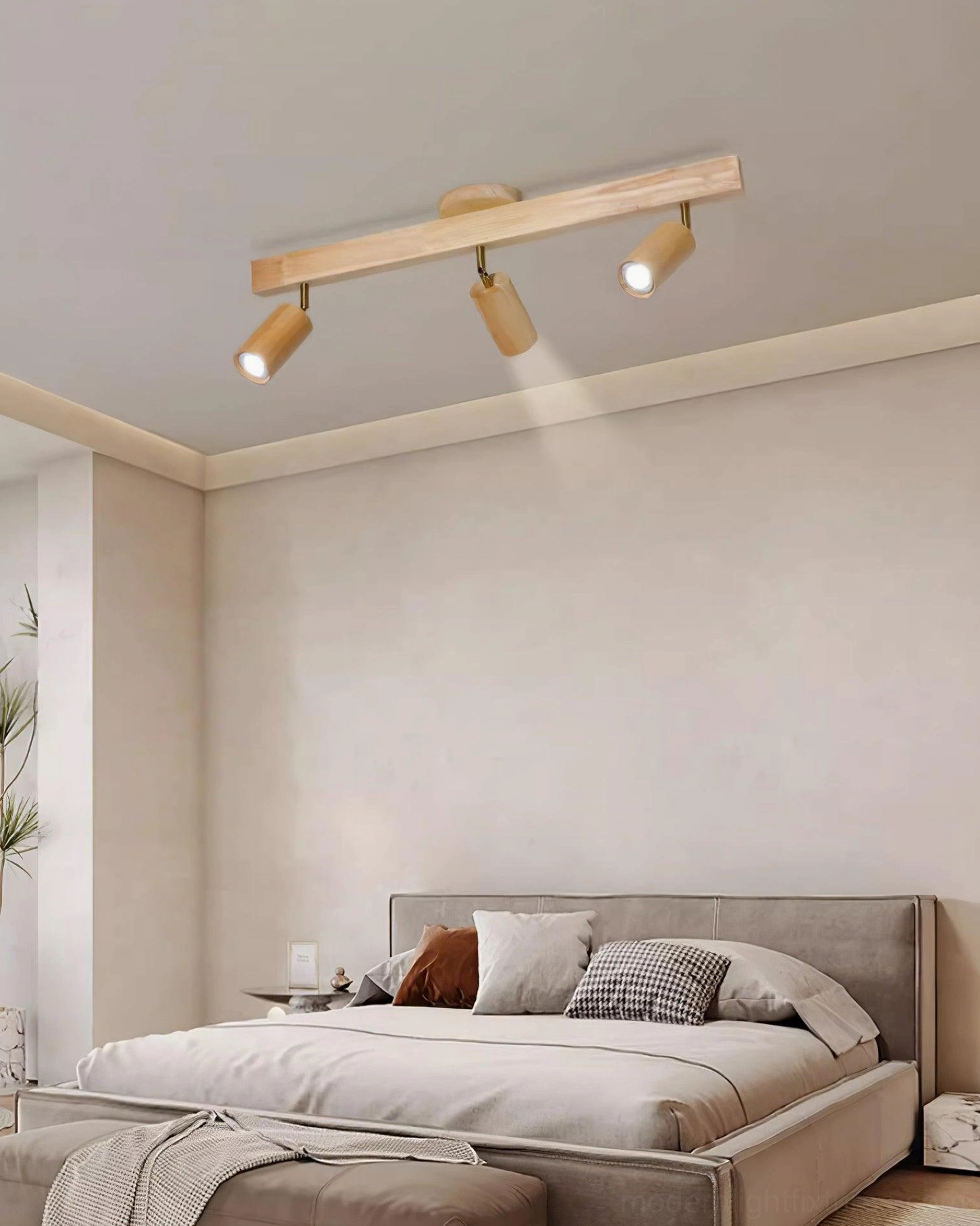 Natural wood track light ceiling fixture in Japandi interior design style