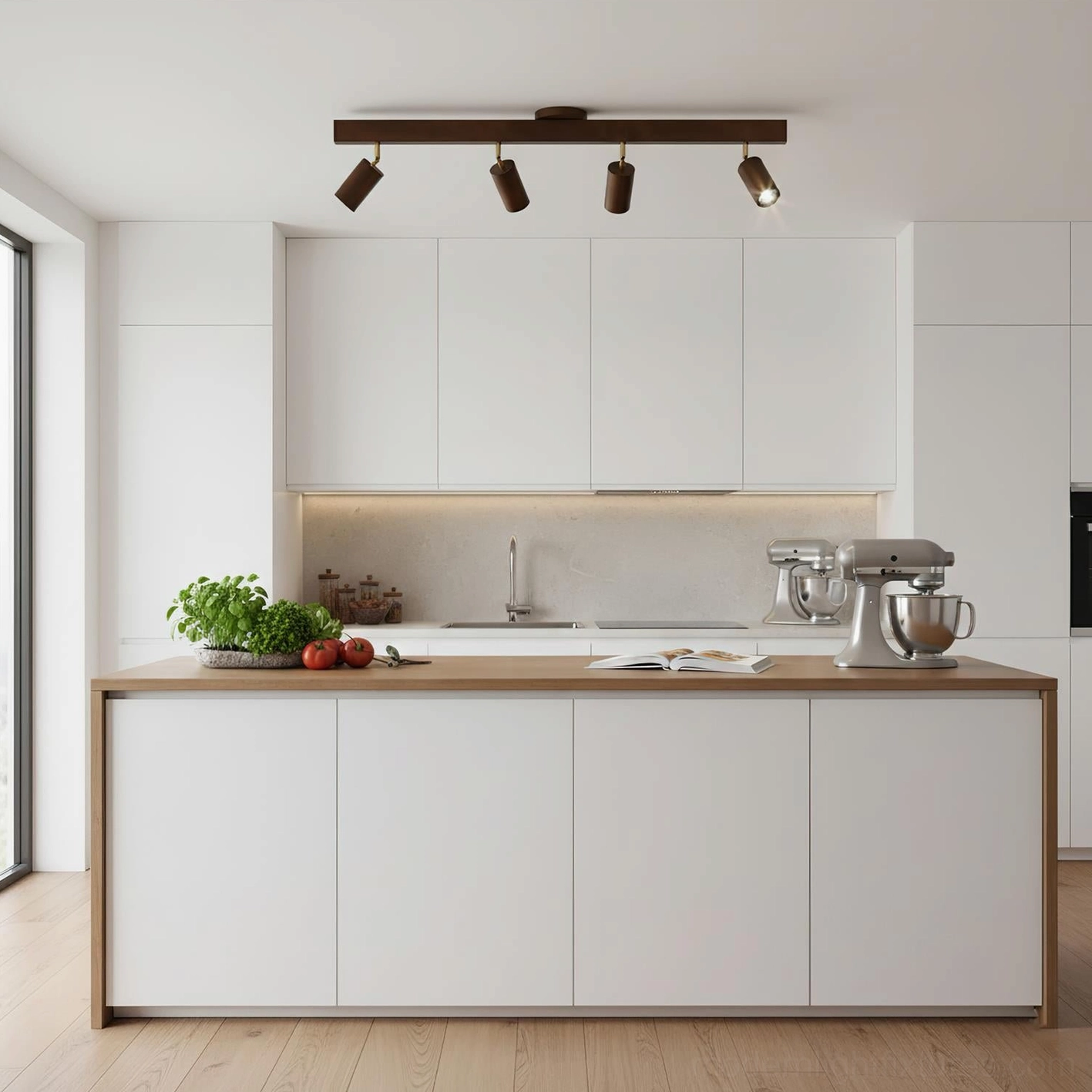 Modern wooden track ceiling light installed above kitchen island with contemporary design