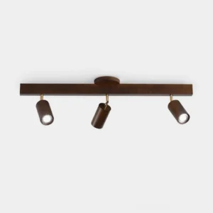 Merlo wooden track light fixture with walnut finish, front view on white background