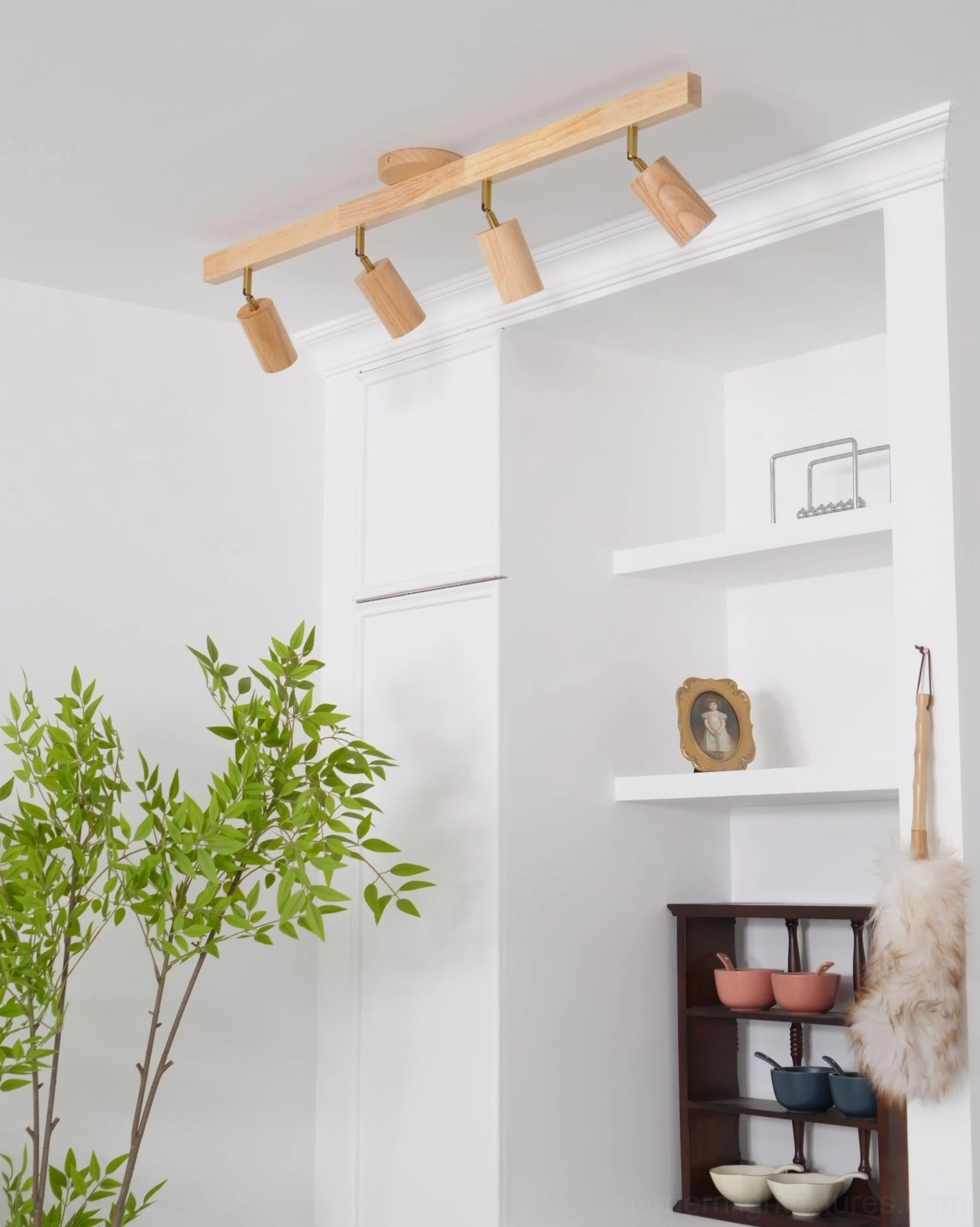Mid-century modern wooden track light fixture with warm amber glow design