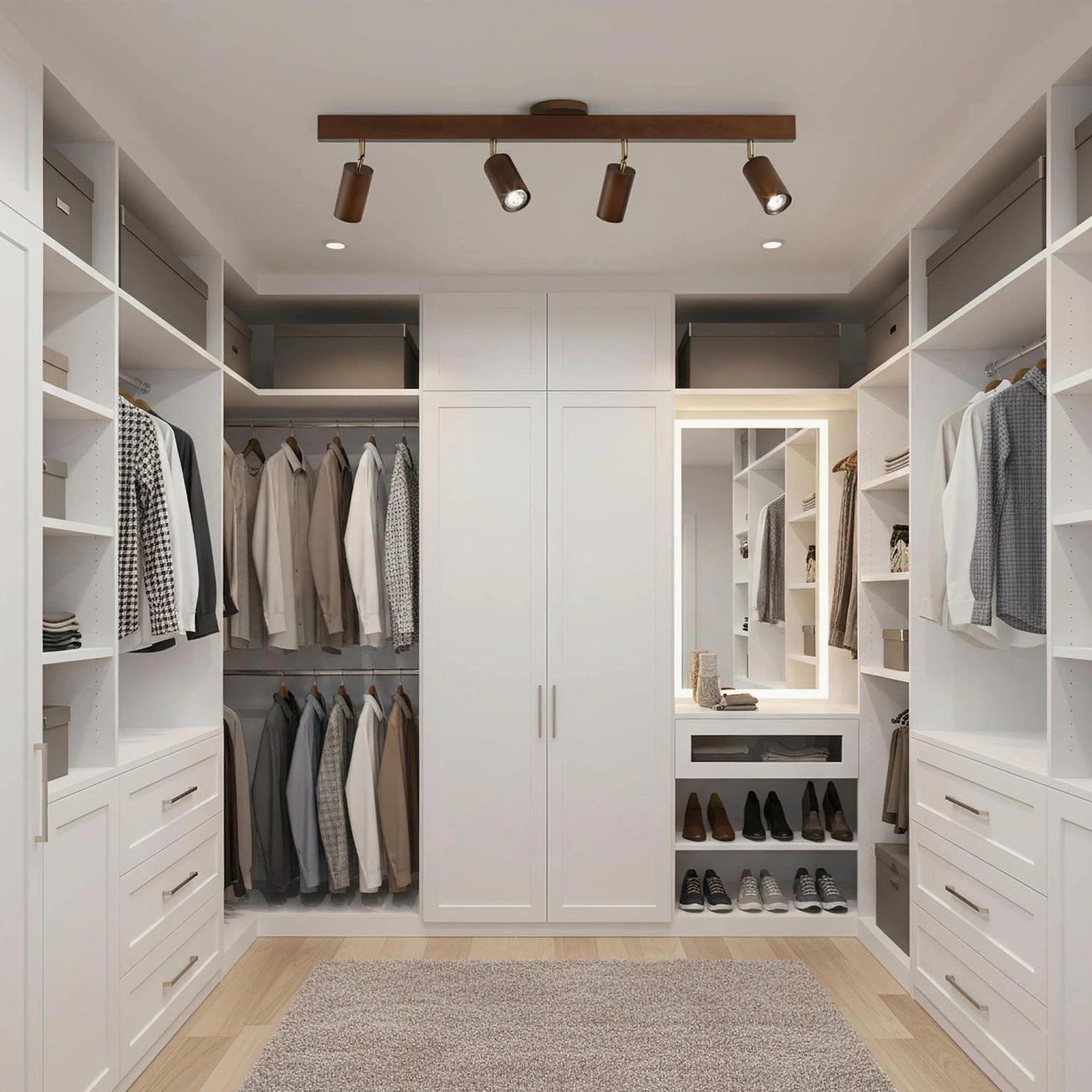 Dark wood track light mounted on closet wall for ambient dressing room lighting