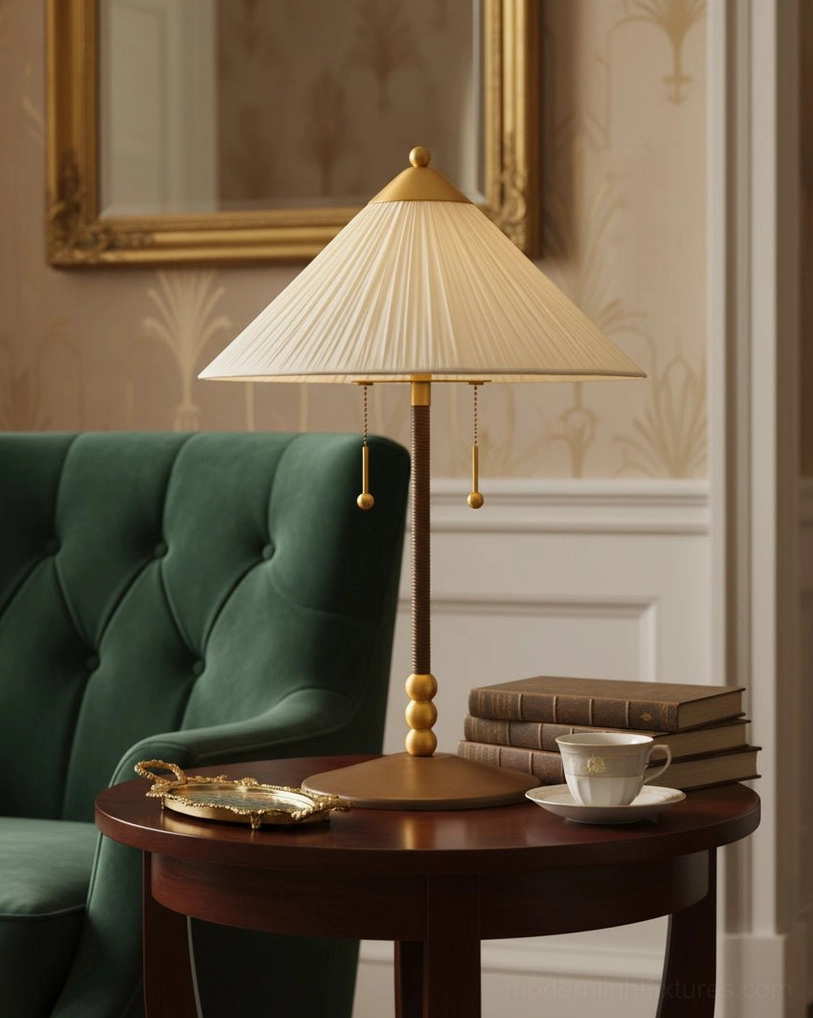 Merona traditional table lamp with walnut rattan base placed on side table next to emerald green velvet sofa and gilt mirror