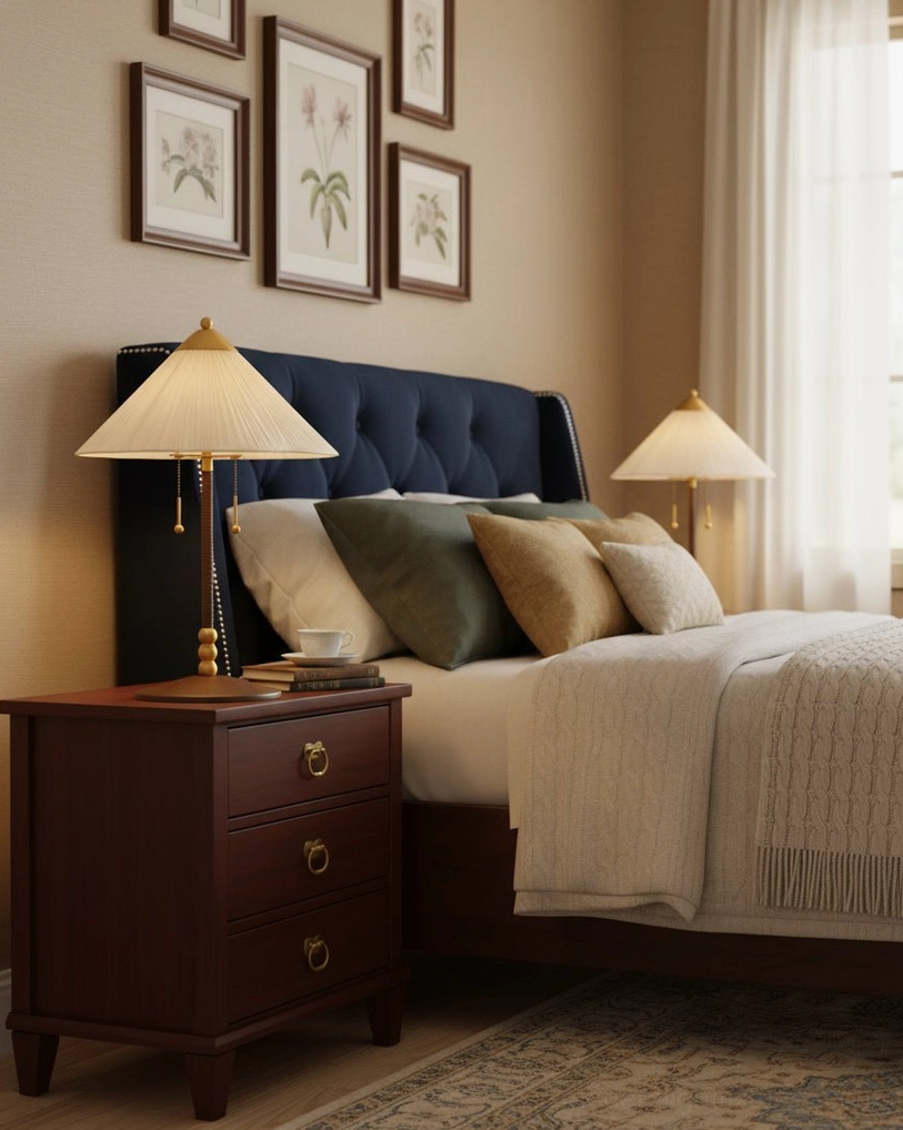 Merona pleated fabric table lamp on dark wood nightstand in master bedroom with tufted headboard and botanical wall art