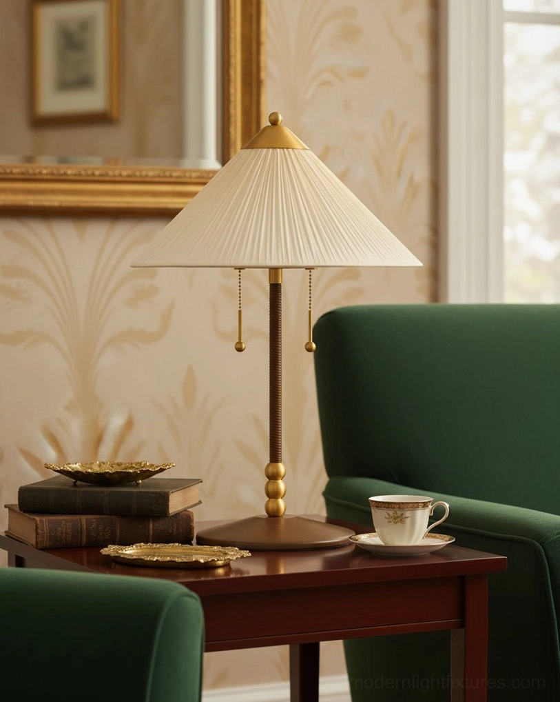 Merona pleated table lamp positioned on wood side table with stacked books, tea service and patterned wallpaper background