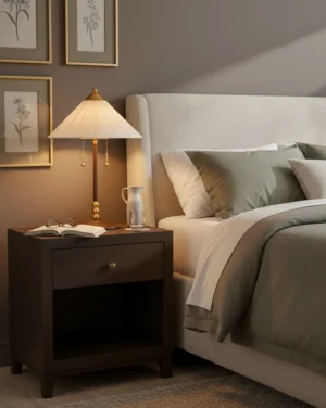 Merona table lamp with beige pleated shade displayed in modern bedroom nightstand setting with neutral bedding