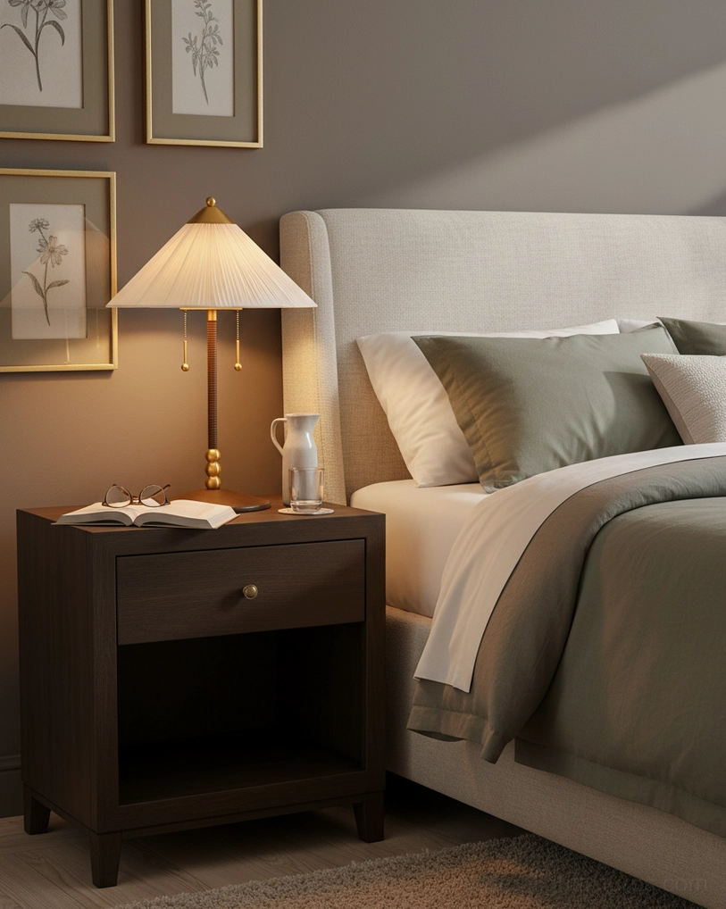 Merona table lamp with beige pleated shade displayed in modern bedroom nightstand setting with neutral bedding