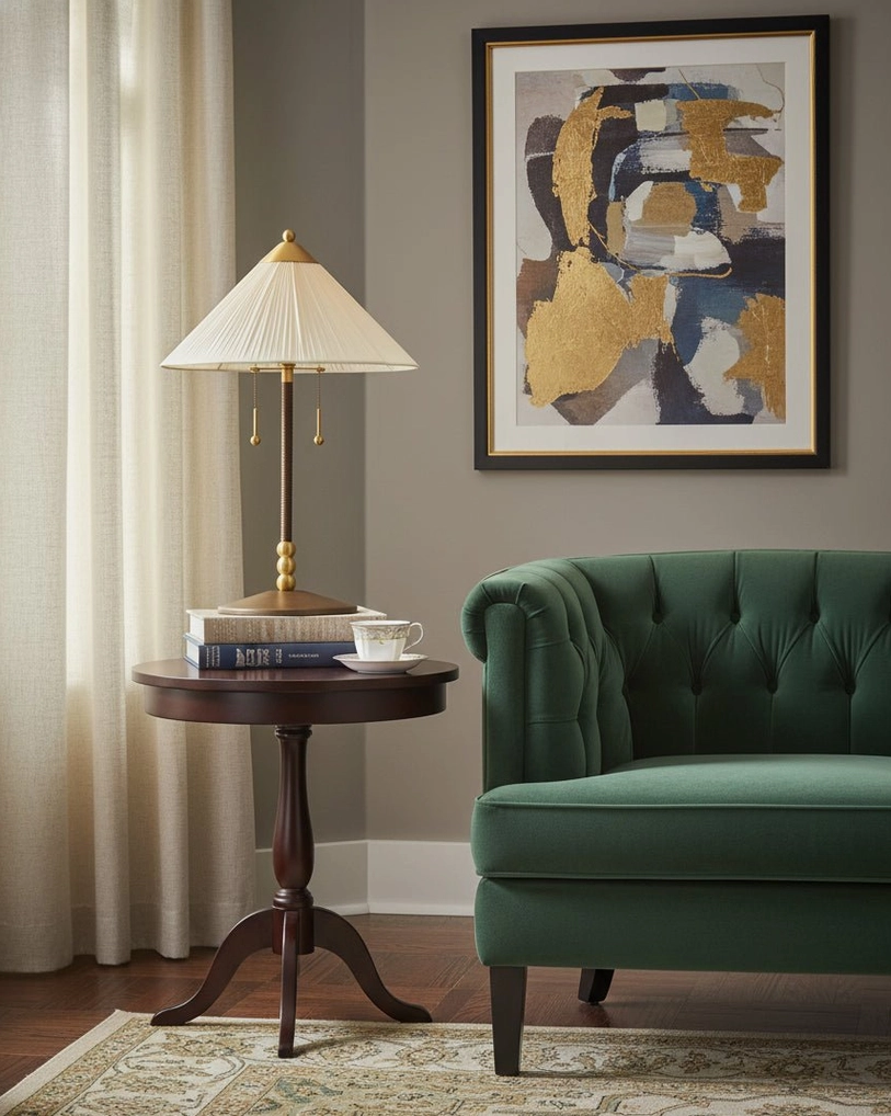 Merona traditional table lamp positioned on round wood side table in living room corner with armchair and framed wall art