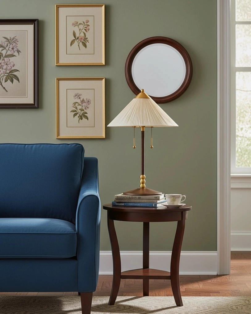 Merona rattan table lamp with warm brass accents displayed in living room corner beside blue velvet sofa and dark wood furniture