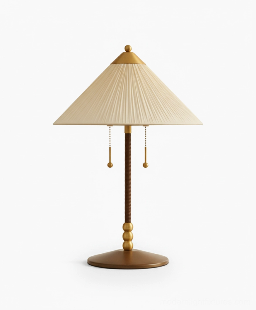 Merona pleated table lamp with rattan body and dual pull-chain switches showcasing vintage-inspired design details