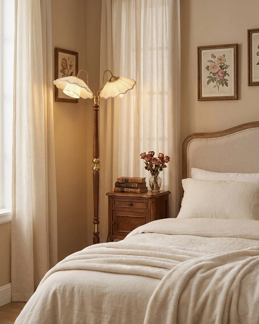 Merritt dual-arm floor lamp in cozy bedroom corner setting, pleated fabric shades casting warm glow beside bed and nightstand