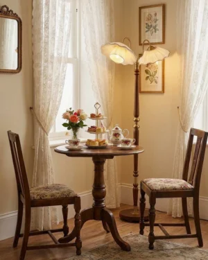 Merritt vintage floor lamp with dual pleated shades positioned in cozy dining corner beside wooden furniture, soft warm lighting ambiance