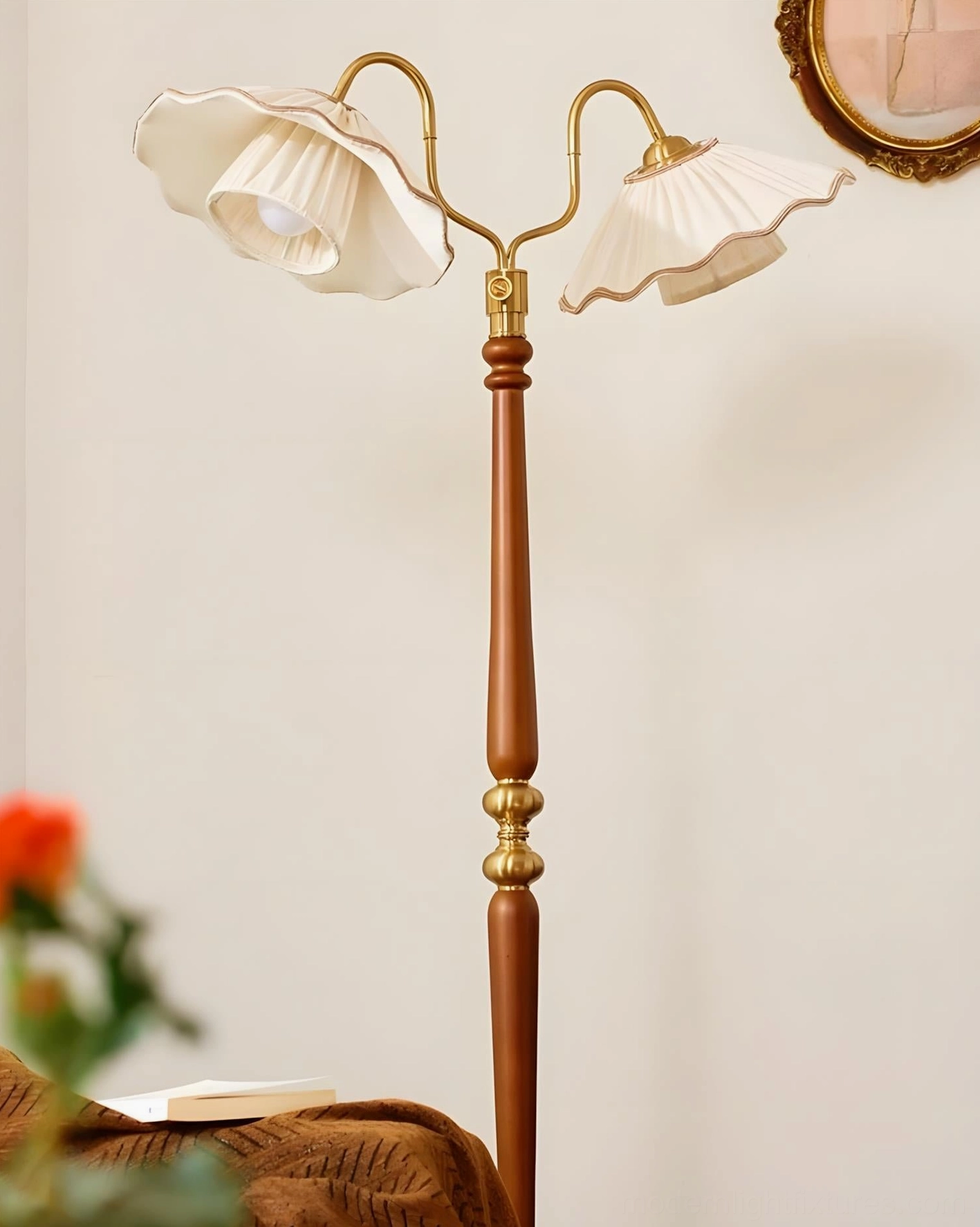 Merritt two-light pleated fabric shade floor lamp with walnut oak stem and brass accents, detailed side profile showcasing craftsmanship