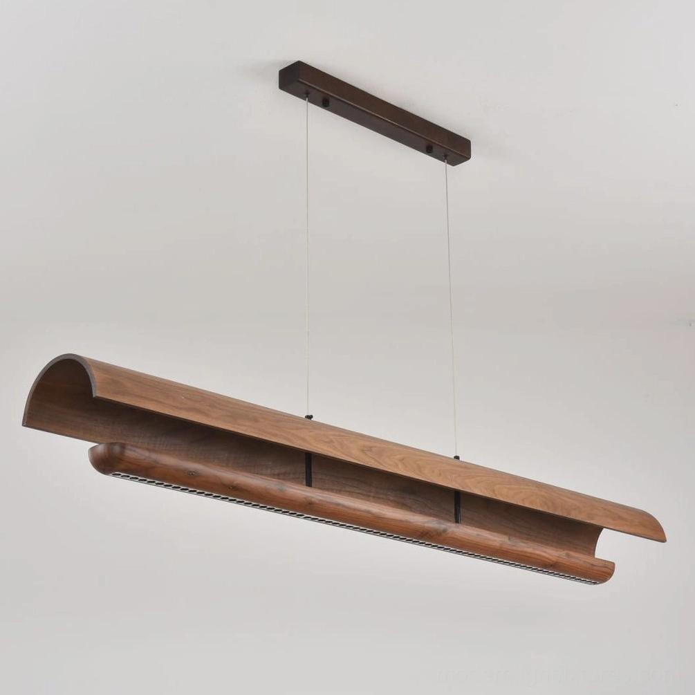 Merrow Linear Chandelier ceiling canopy and steel cable suspension system, ash wood with dark stain finish