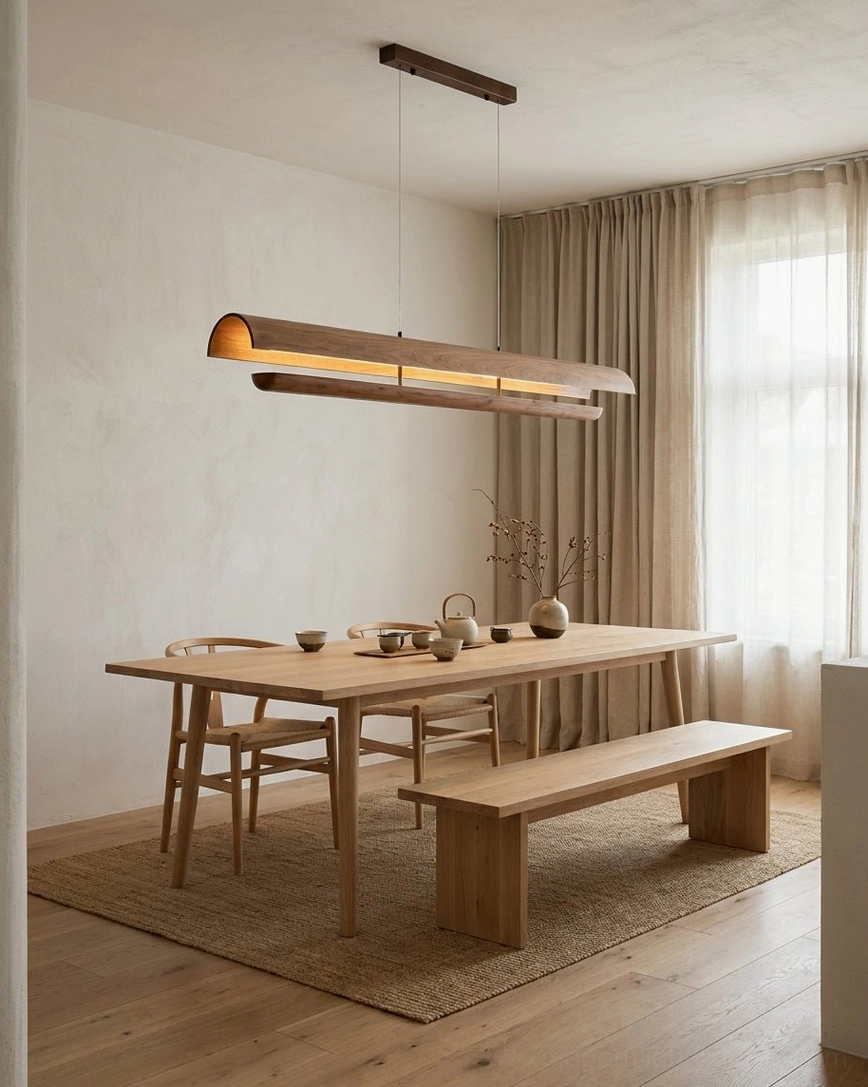 Merrow Linear Wood Chandelier in casual dining nook, walnut and ash construction with adjustable steel cable suspension