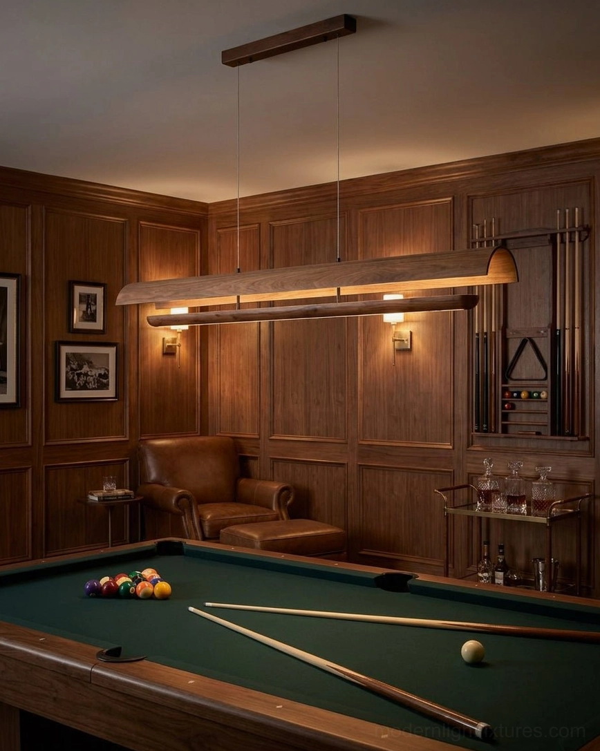 Merrow Extra-Long Linear Chandelier in upscale game room, dark walnut tone providing focused and ambient illumination