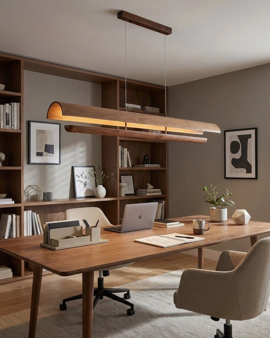 Merrow Linear Chandelier in mid-century modern home office, suspended above wooden desk with integrated LED task lighting