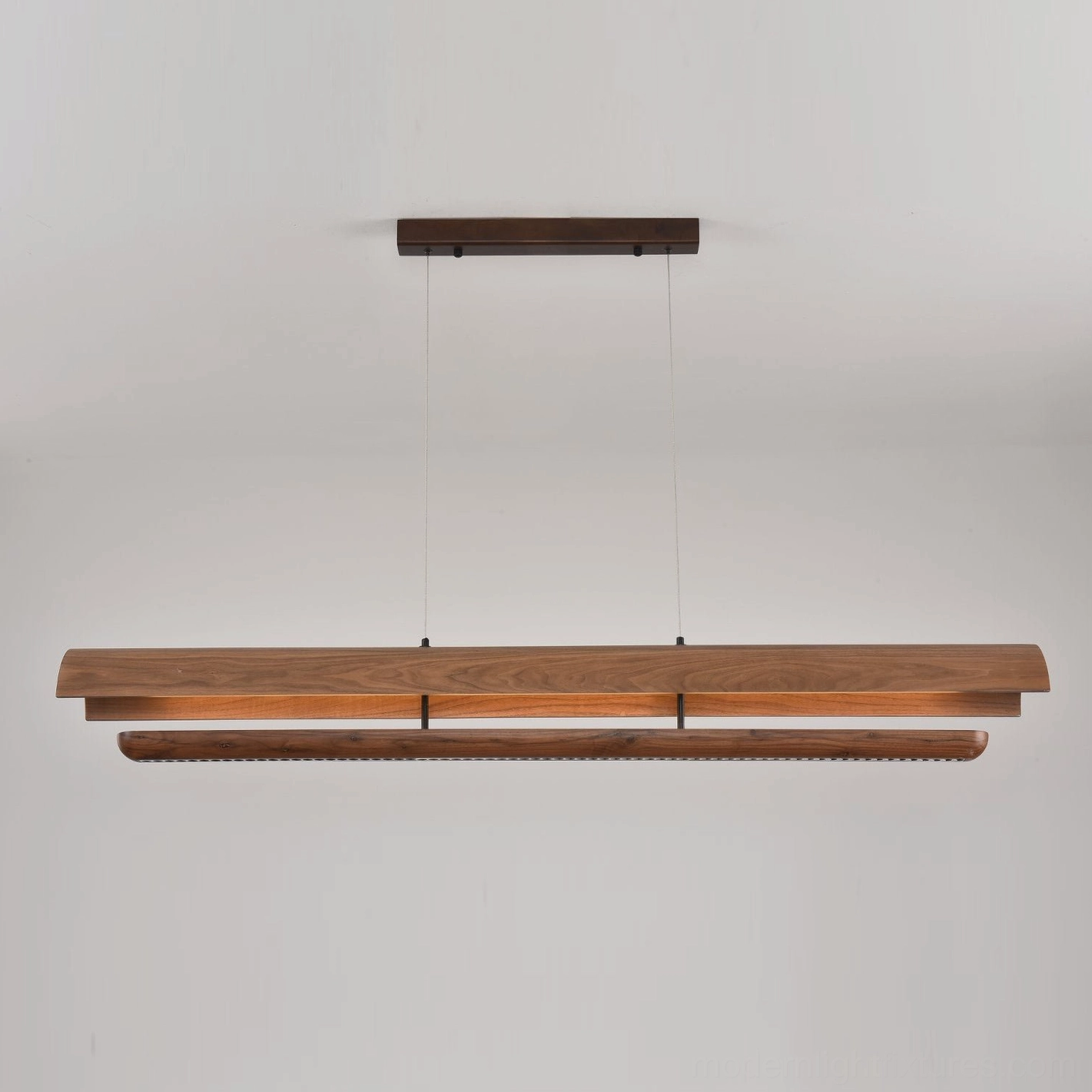 Merrow Linear Wood Chandelier walnut and ash beam detail, showing curved diffuser and integrated LED strip