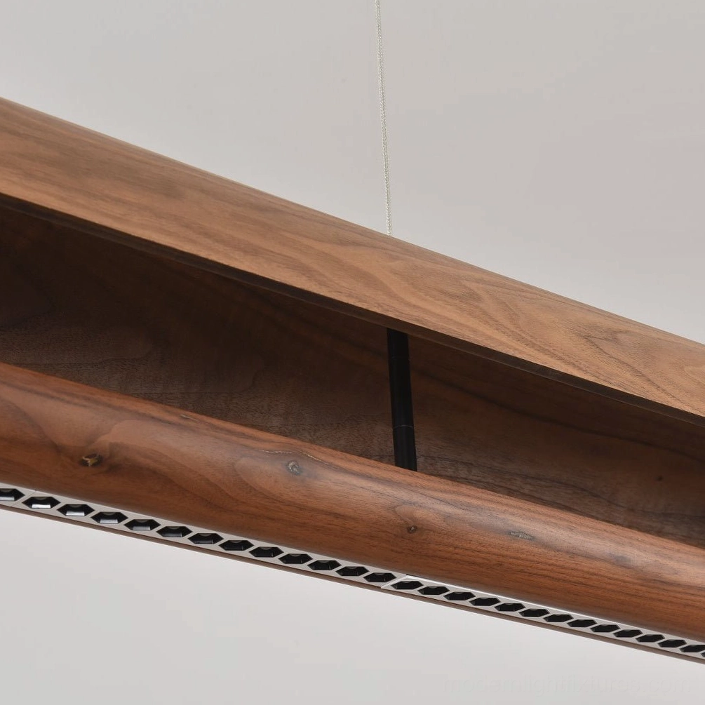 Merrow Linear Wood Pendant hung at optimal dining height, 30-36 inches above table surface with balanced proportions