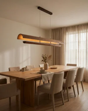 Merrow Linear Wood Pendant Light illuminating formal dining room table, warm white 3000K LED casting ambient light