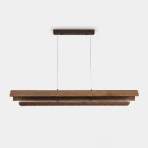 Merrow Linear Wood Chandelier – walnut and ash stacked beam design, front view with integrated warm white LED
