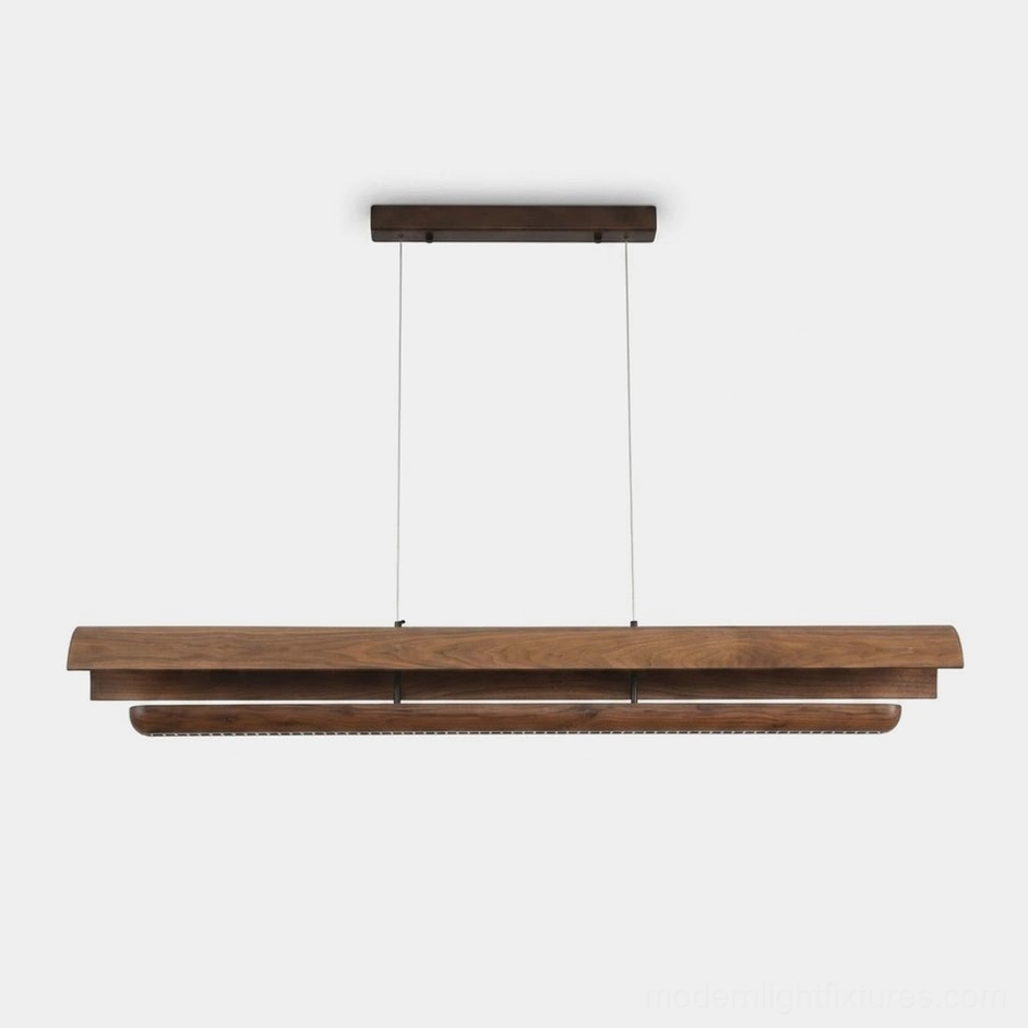 Merrow Linear Wood Chandelier – walnut and ash stacked beam design, front view with integrated warm white LED