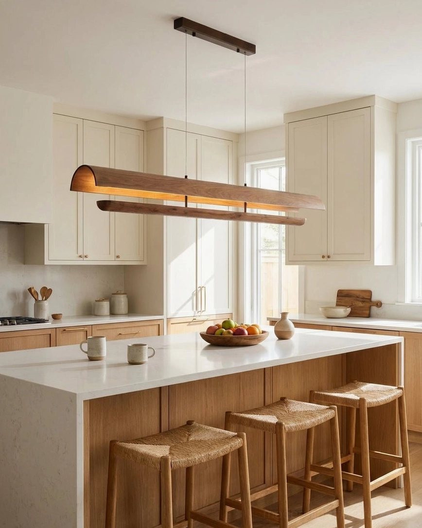 Merrow Linear Wood Pendant above kitchen island counter, glare-free warm white light distribution along length