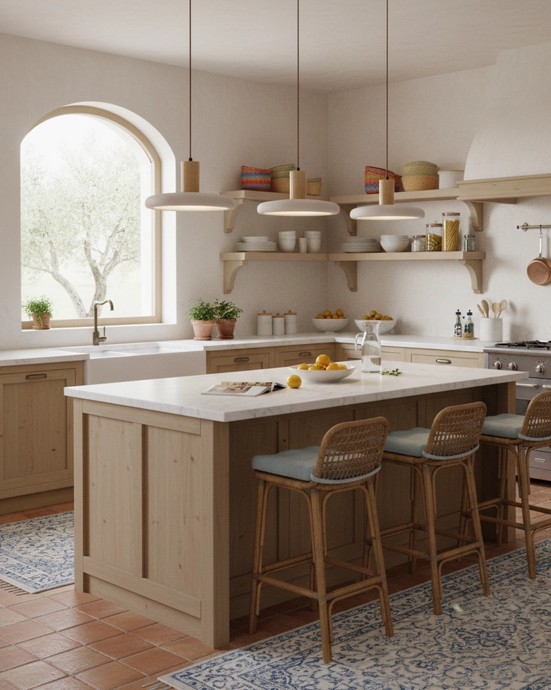 Dual Mesa Halo pendant lights suspended above kitchen island in Mediterranean-style home with light wood cabinetry and arched windows