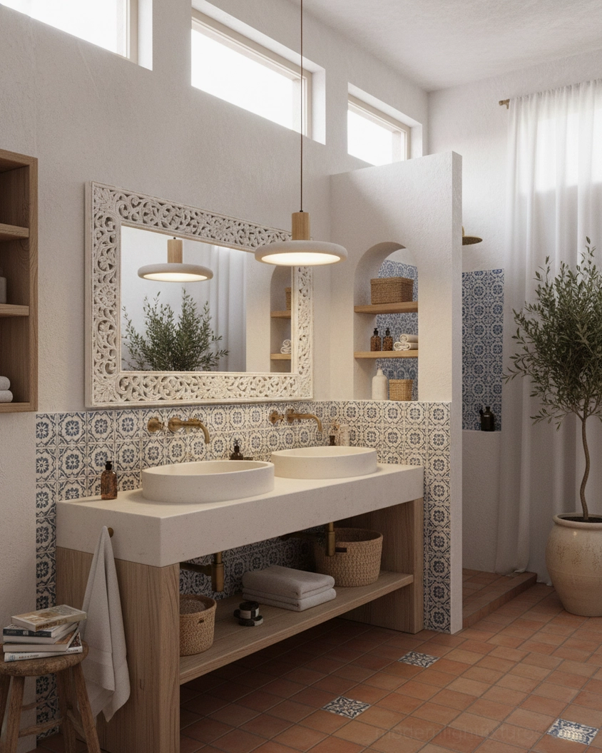 Single Mesa Halo pendant light in dual vanity Mediterranean bathroom with decorative mirror, tiled accents, and potted greenery