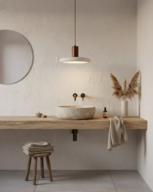 Single Mesa Halo pendant light installed above bathroom vanity with rustic plaster walls and wooden countertop in wabi-sabi minimalist style
