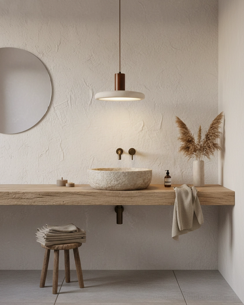 Single Mesa Halo pendant light installed above bathroom vanity with rustic plaster walls and wooden countertop in wabi-sabi minimalist style