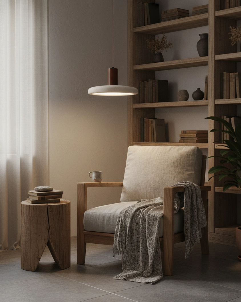 Mesa Halo pendant lamp in cozy reading nook with warm wood accents and muted neutral color palette