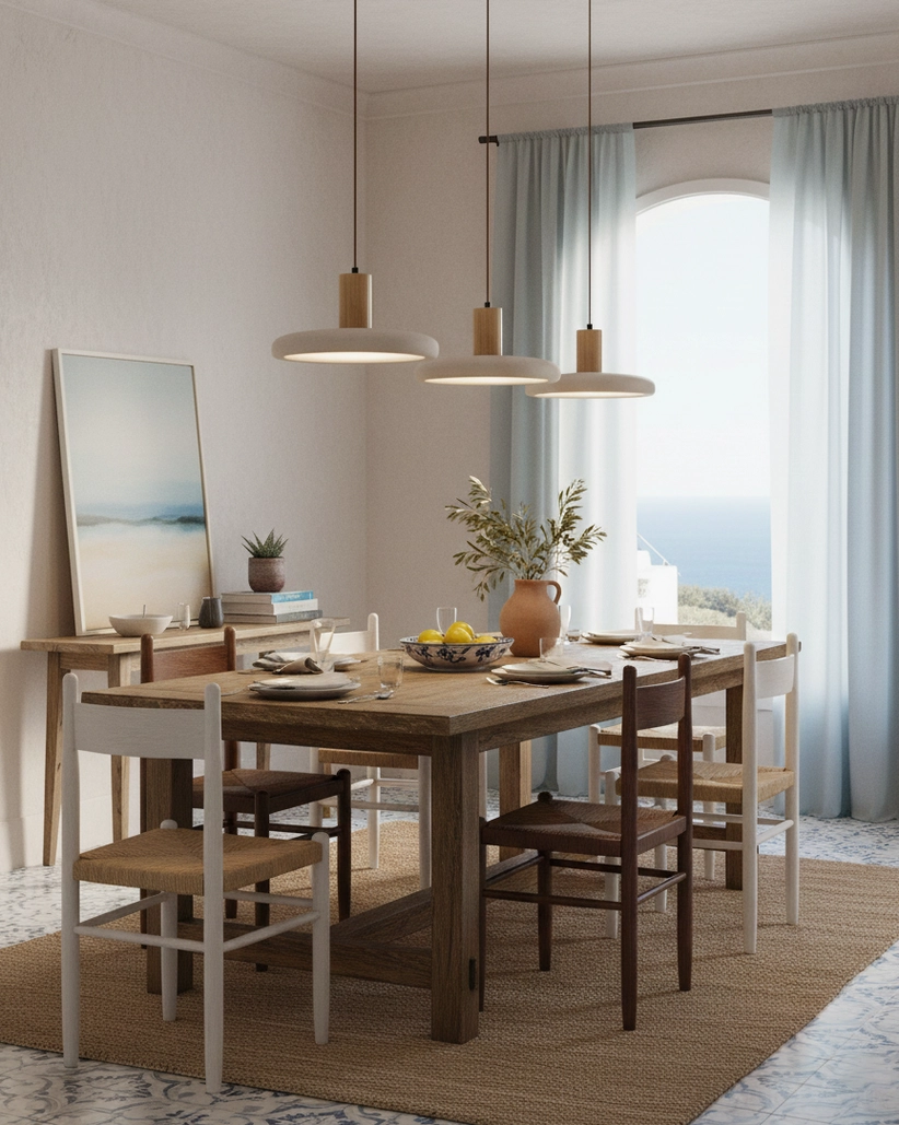 Trio of Mesa Halo pendant fixtures illuminating coastal dining room with natural window light, wooden table, and mixed seating styles