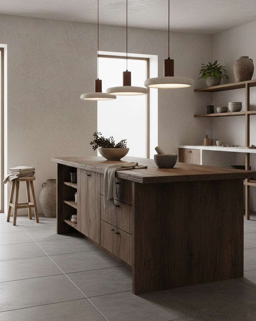 Three Mesa Halo travertine pendant lights arranged above dark wood kitchen island in minimalist warm neutral modern interior