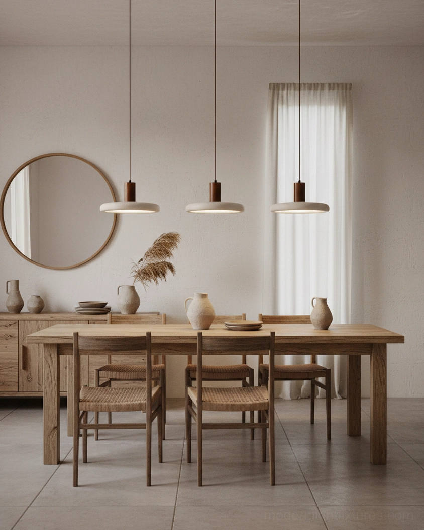 Three Mesa Halo pendant lights suspended over minimalist warm-toned dining table with wabi-sabi aesthetic and round wall mirror